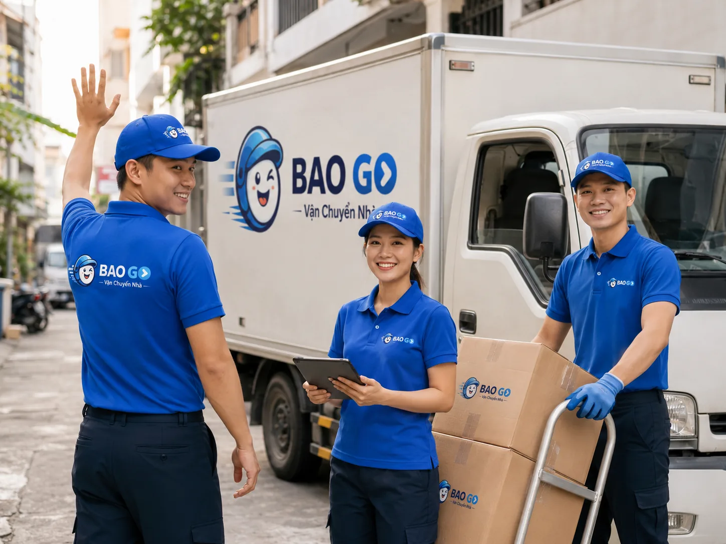 Đội BAO GO bên xe tải 1,5 tấn trước một con hẻm ở TP.HCM